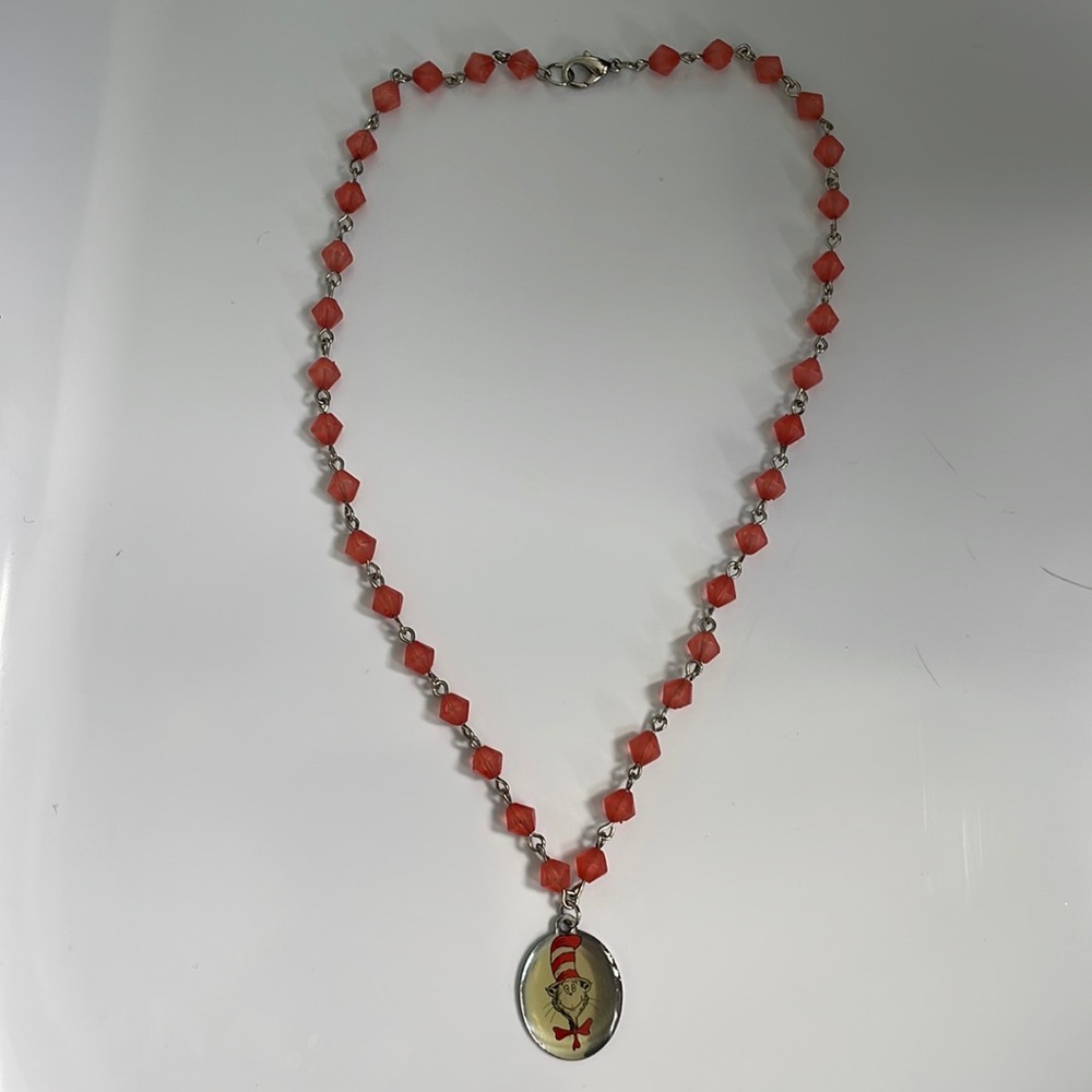 Cat in the Hat Necklace Dr Seuss Movie Merch Red Frosted Beads Pendant Jewelry
